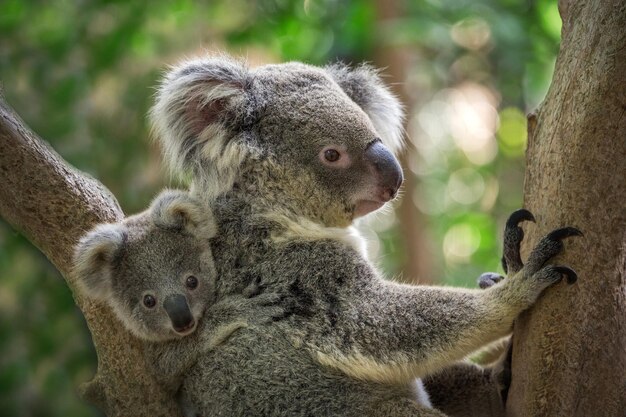 Mère et bébé koala sur un arbre