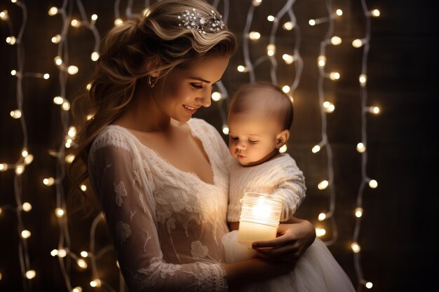 Photo une mère blonde avec un nouveau-né dans une étreinte chaleureuse sur un fond doux