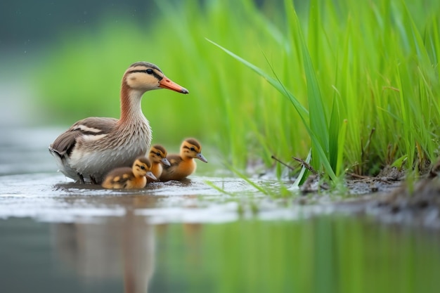 Mère canard guidant ses canetons vers l'eau sur une berge herbeuse