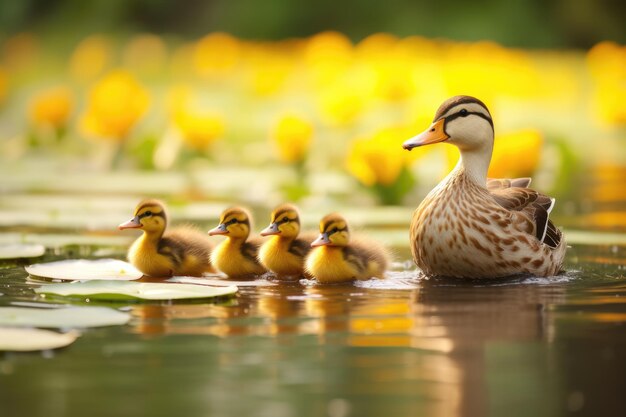 Photo une mère canard menant ses canards générés par ai