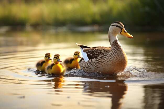 Photo une mère canard menant ses canards générés par ai