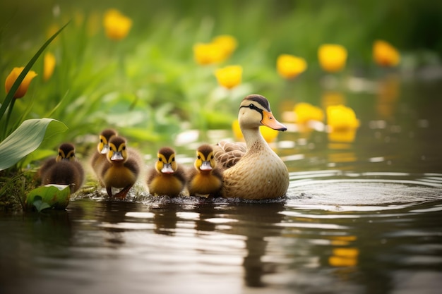Une mère canard menant ses canards à travers un étang mère canard conduisant ses canards au-delà d'un étang Ai généré