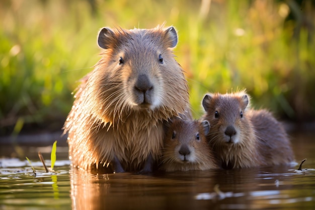 une mère capie et ses deux bébés dans l'eau