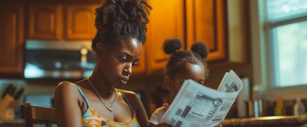 Une mère célibataire et son enfant sont assis dans la cuisine à lire un journal ensemble.