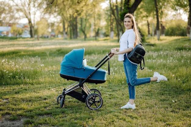 Mère avec chariot dans le parc