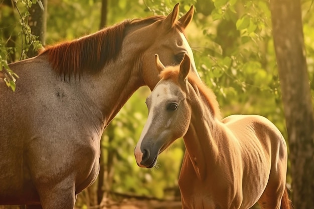 La mère cheval soigne son poulain avec un museau affectueux