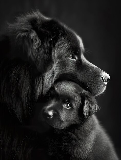 Une mère chienne étreignant tendrement son chiot Parent et chiot partagent un moment tendre en monochromat