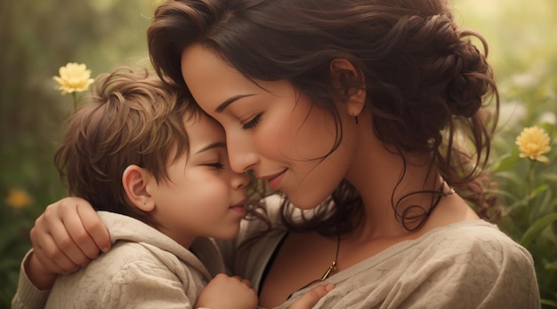 Une mère dans un moment tendre et affectueux avec son fils