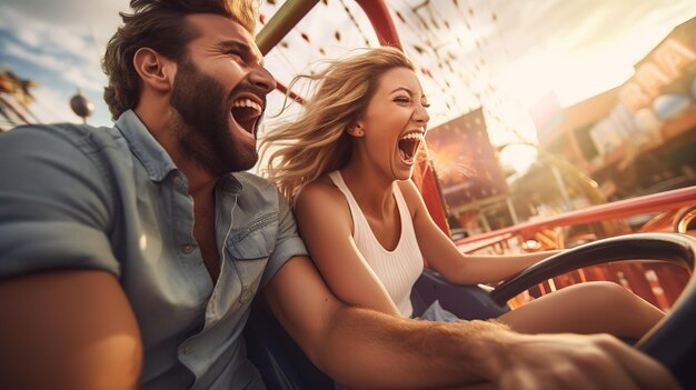 Mère et deux enfants sur des montagnes russes dans un parc d'attractions ou une foire d'État