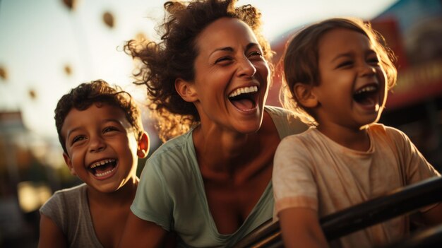 Mère et deux enfants montent sur des montagnes russes dans un parc d'attractions ou une foire d'État Vivez l'excitation du bonheur rire