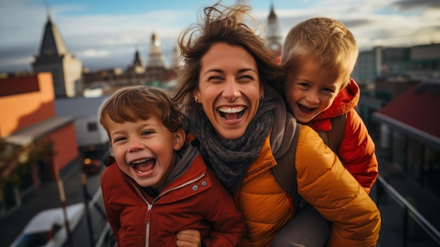 Mère et deux enfants montent sur des montagnes russes dans un parc d'attractions ou une foire d'État Vivez l'excitation du bonheur rire