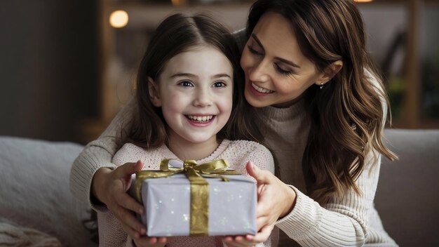 Une mère donne un cadeau à sa fille.