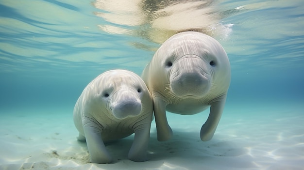 La mère Dugong apprend au bébé Dugong à nager