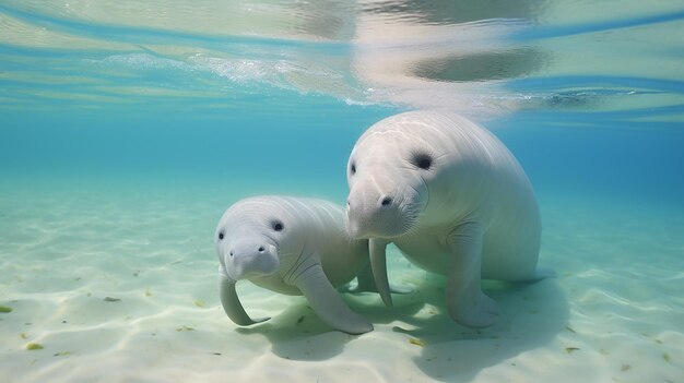 La mère Dugong apprend au bébé Dugong à nager