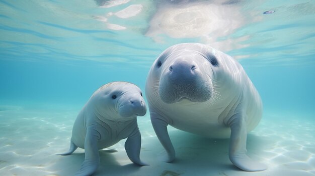 Photo la mère dugong apprend au bébé dugong à nager