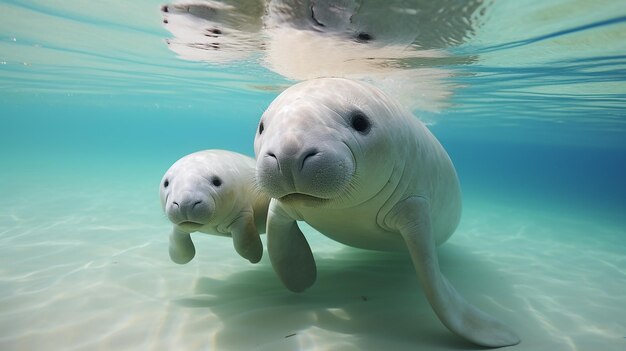 Mère Dugong apprend à bébé Dugong à nager