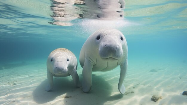 Mère Dugong apprend à bébé Dugong à nager