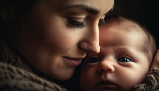 Une mère embrassant sa fille nouvellement née. Un lien familial rempli d'amour généré par l'IA.