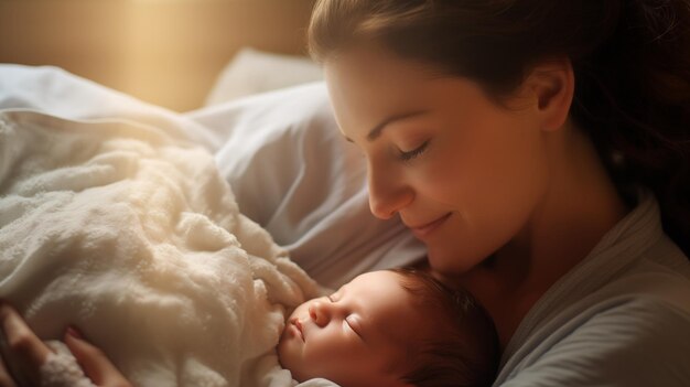 La mère embrasse le nouveau-né avec joie, l'amour débordant.