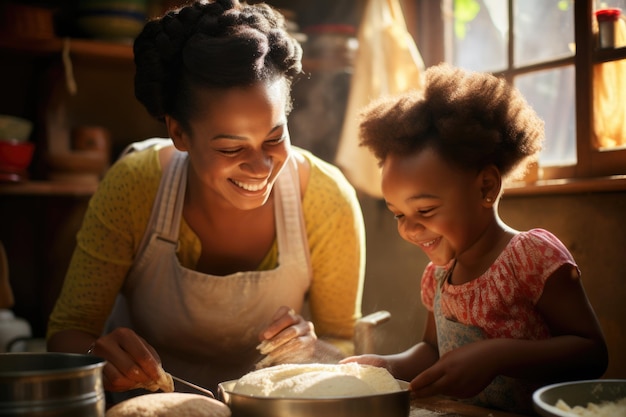 Photo mère et enfant afro-américains en train de rire heureux cuisinant et décorant des biscuits de noël flou