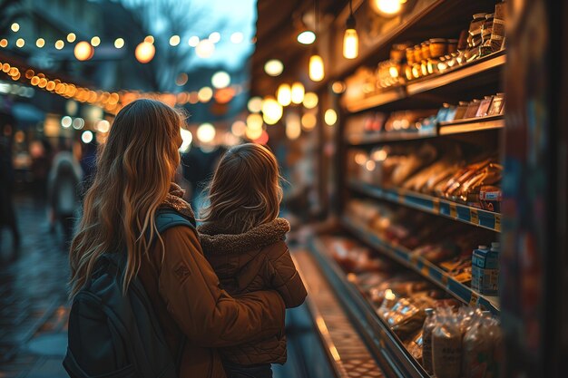 Photo mère et enfant au marché de rue de noël regardant un stand de bonbons femme et fille à la foire