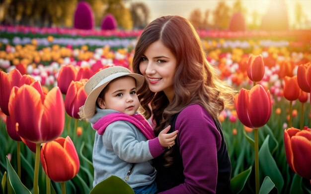 Mère et enfant dans un beau jardin génératif ai