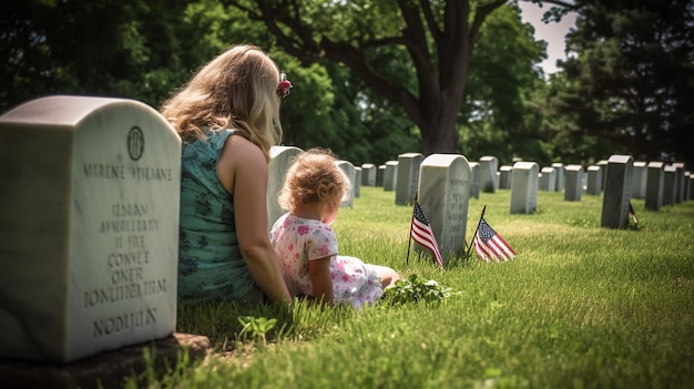 mère avec enfant dans le cimetière près de la tombe