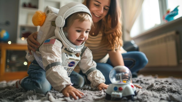 Photo une mère et un enfant jouant avec un kit d'astronautes jouets