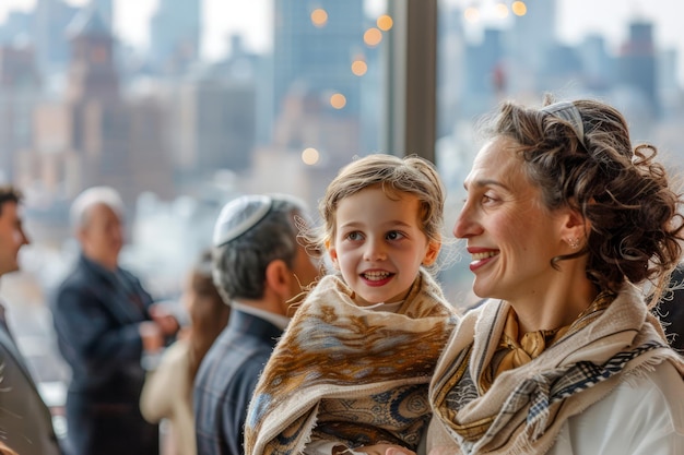 Mère et enfant joyeux lors d'une réunion de famille à l'intérieur Les lumières de la ville s'effacent dans le ciel