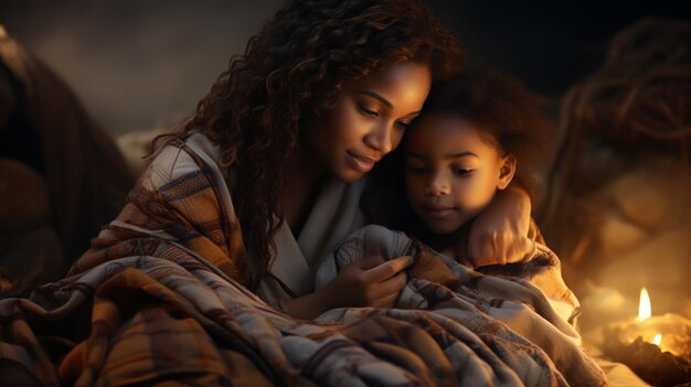 mère et enfant lisant un livre dans le lit avant d'aller se coucher