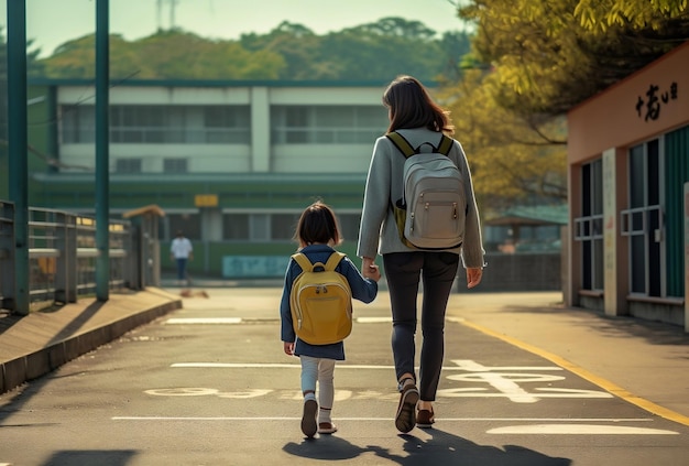 mère et enfant marchant vers l'école