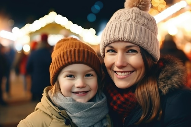 Mère et enfant sur un marché traditionnel de Noël un soir d'hiver