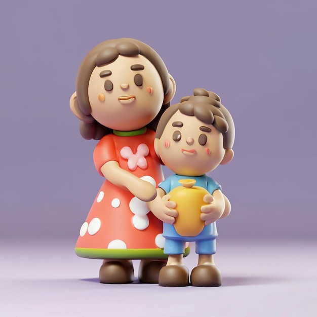 Mère et enfant miniatures illustrées en 3D adaptées à la fête des mères