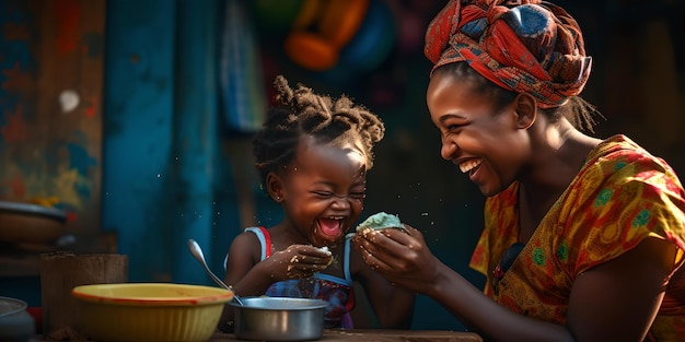 Mère et enfant partageant un moment de repas joyeux ensemble, des liens familiaux chaleureux autour de la nourriture AI