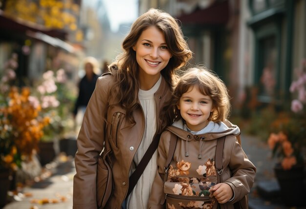 Mère et enfant portant un sac scolaire