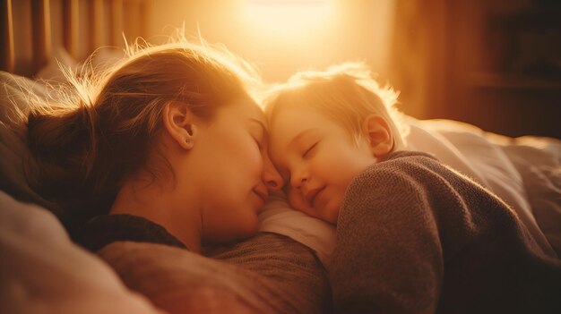 une mère et un enfant qui dorment ensemble sur un lit