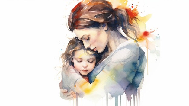 Mère et enfant se serrant les uns les autres côté tourné aquarelle fond blanc ai générative