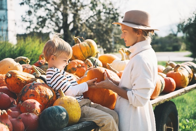 Une mère avec des enfants choisit la citrouille au marché agricole