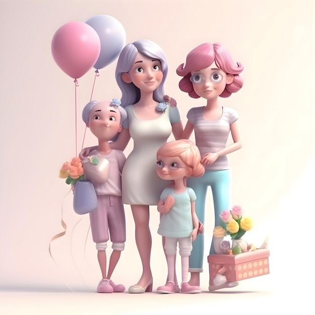 Mère et enfants avec panier à courses et ballons illustration 3D