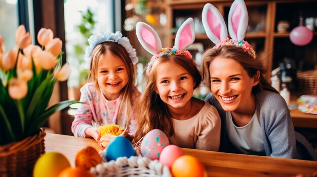 Mère et enfants à la table de Pâques Focus sélectif Fêtes