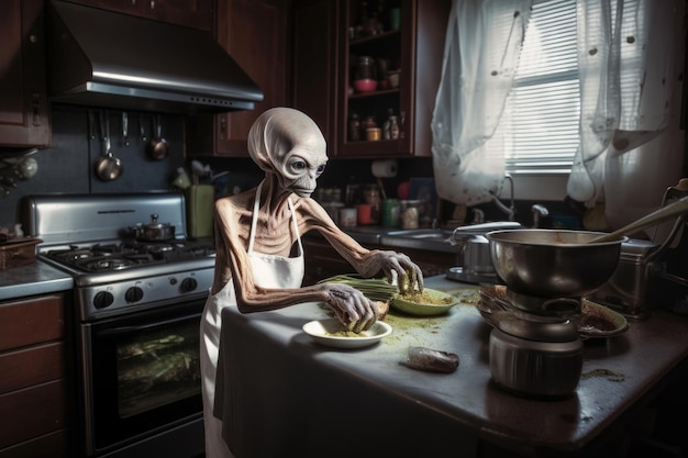 Mère extraterrestre travaillant dans la cuisine et préparant le dîner pour sa famille créé avec générative ai
