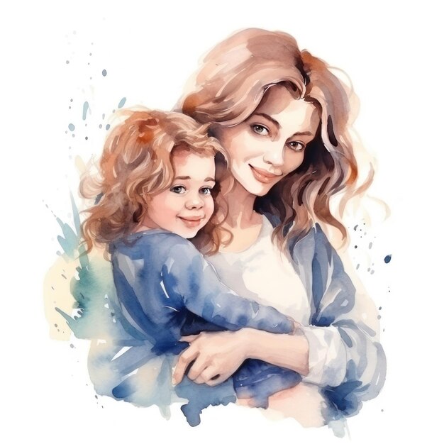 Mère Fille Affection à l'aquarelle