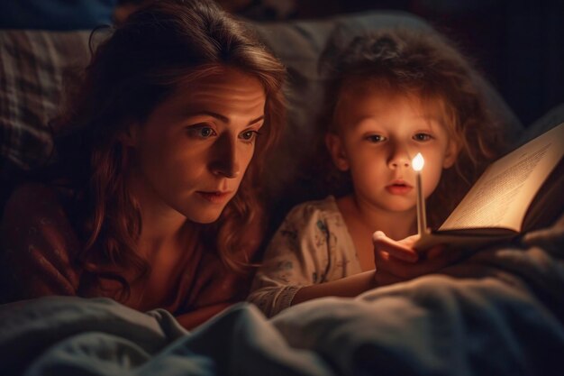 Photo mère et fille apprécient une histoire de bonne nuit ensemble