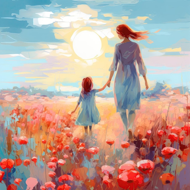 Mère et fille sur le champ de coquelicots Famille Amour et campagne Paysage Nature Champ de fleurs Belle enfant fille avec jeune mère Joyeuse journée des mères peinture numérique