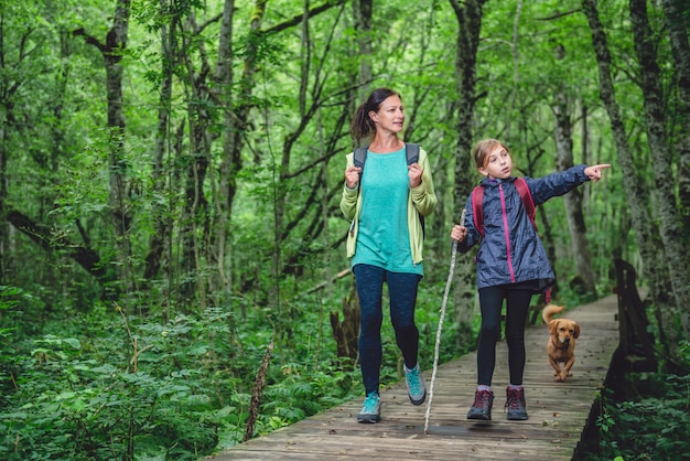 Mère et fille avec un chien en randonnée dans la forêt