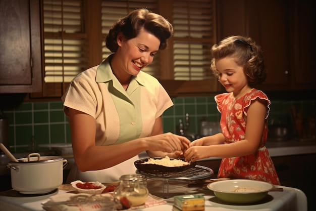 Photo mère et fille cuisinant ensemble dans la cuisine à la maison famille heureuse années 1950 mère et fille préparant le dîner