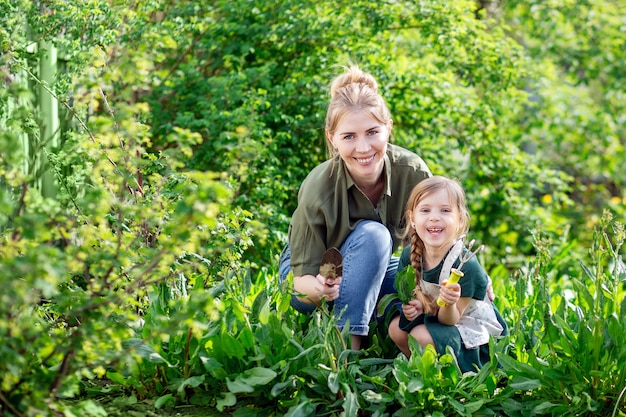 Mère et fille dans la récolte du jardin. Une jeune femme blonde et une petite fille aux cheveux clairs.