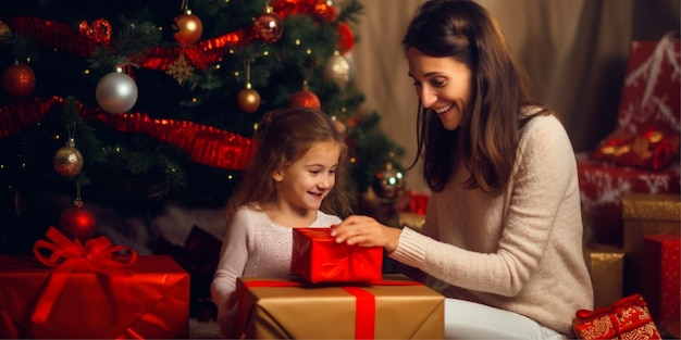 mère et fille déballant un cadeau