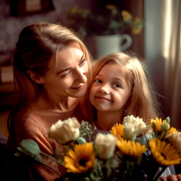 Mère et fille embrassant et serrant un bouquet de fleurs