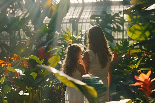 Mère et fille explorant un jardin botanique